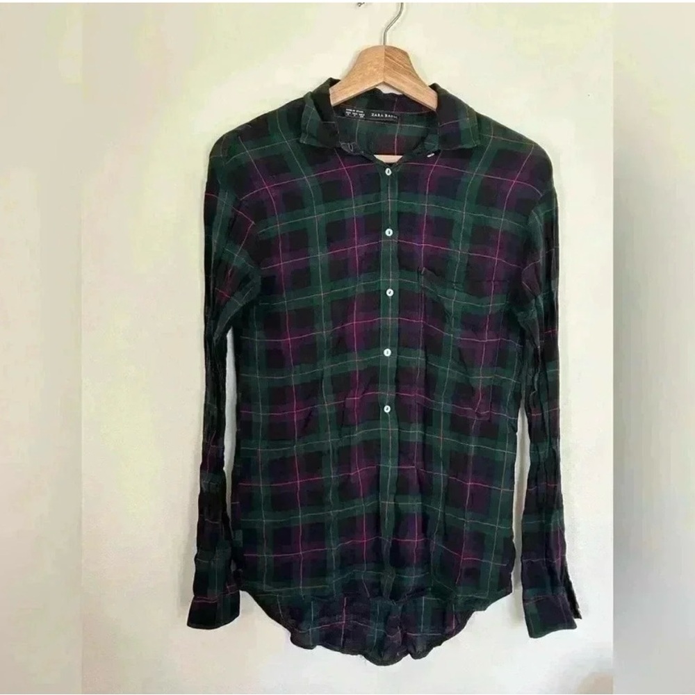Zara Green and Purple Plaid Button-Down Shirt